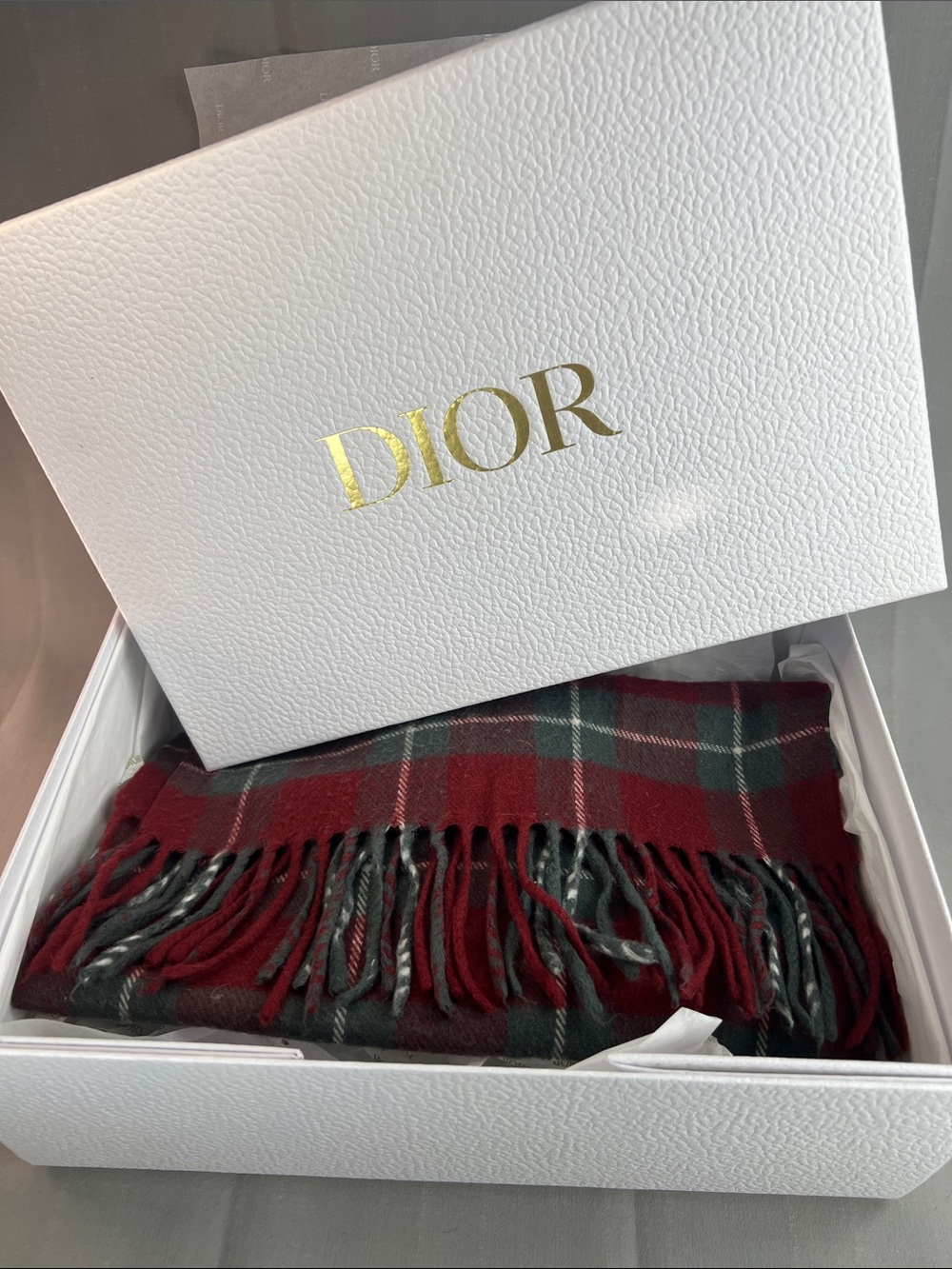 Christian Dior, plaid scarf with its tissue paper, Dior and the box
